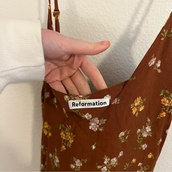 REFORMATION Ventura Floral Print Crepe Slip Mini Dress Brown - Picture 4 of 8